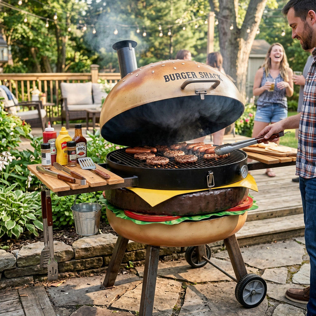 Hamburger-shaped barbecue grill cooking burgers and hot dogs outdoors